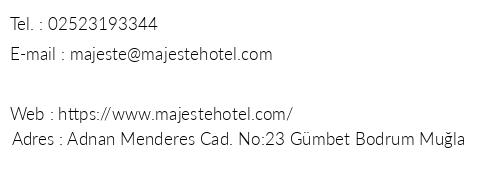 Majeste Hotel telefon numaralar, faks, e-mail, posta adresi ve iletiim bilgileri